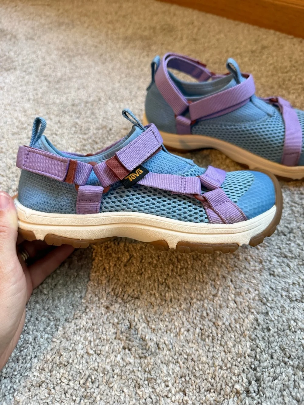 Teva Kids Outflow Sandal in Blue with Lilac Straps and Brown Toe